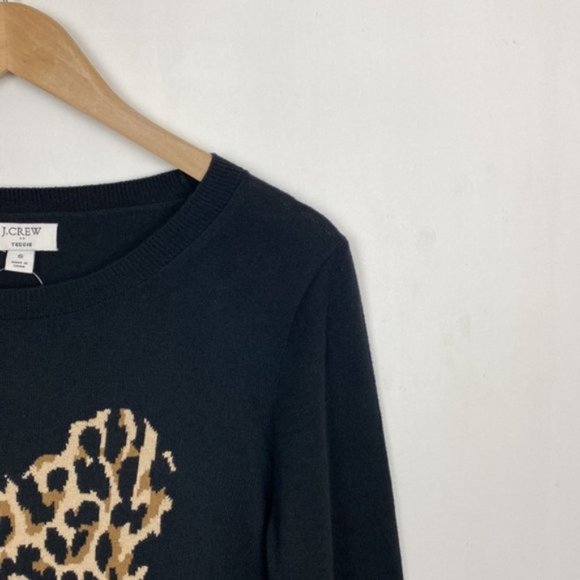 NWT J.Crew S Factory Teddie Sweater Black Animal Leopard Print Heart Intarsia - Picture 6 of 12